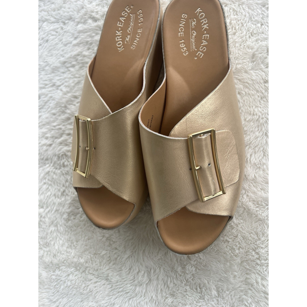 Kork-Ease Sz 9 Brushed Gold York Leather Buckle Platform Slide Sandals NWT - Picture 6 of 16